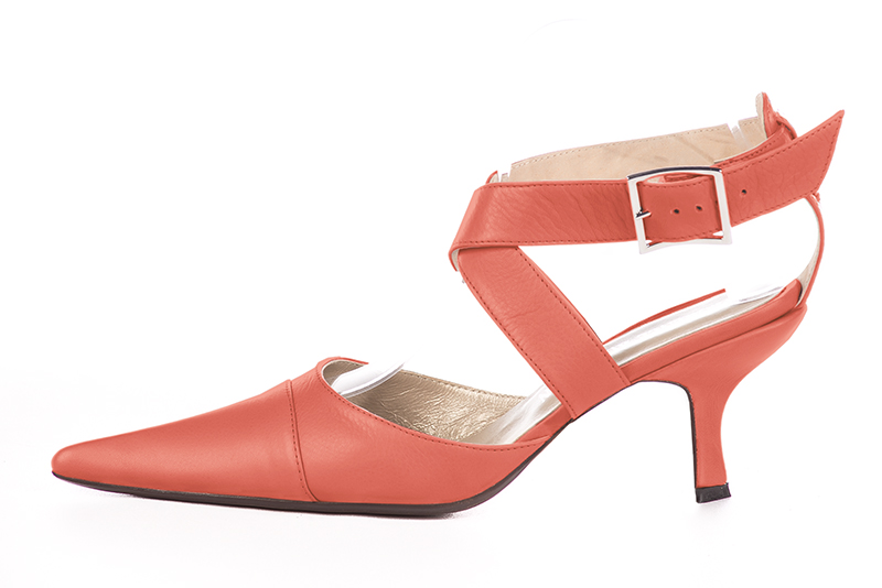 Coral orange women's open back shoes, with crossed straps. Pointed toe. High spool heels. Profile view - Florence KOOIJMAN